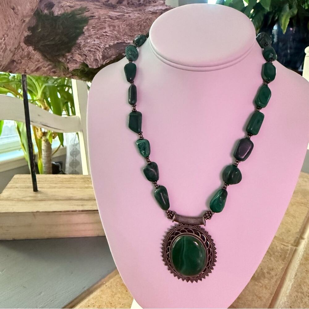 925 Sterling Silver Malachite Stone Beaded Necklace